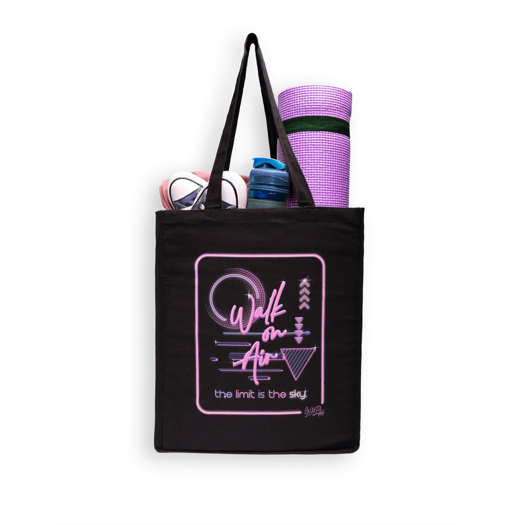 Celleste Walk on Air Black Tote Bag with purple logo. Front view.