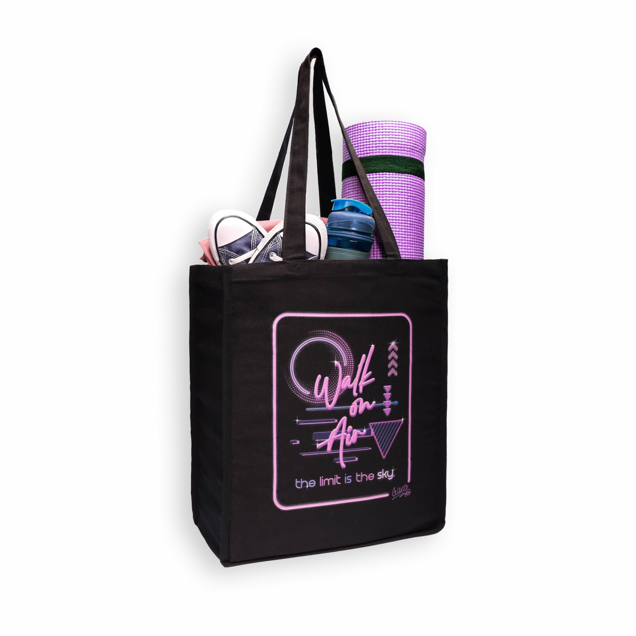 Celleste Walk on Air Black Tote Bag with purple logo. Angled view.