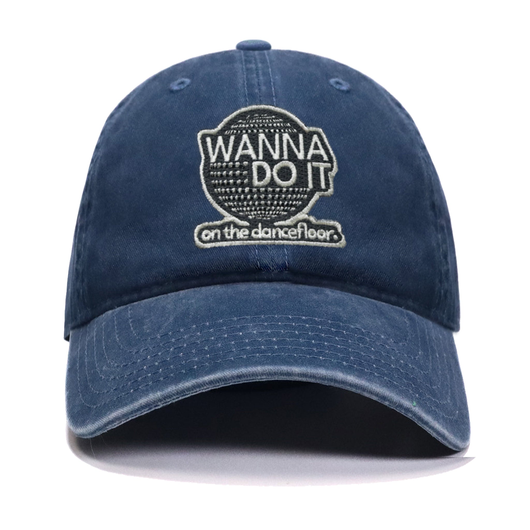 Celleste Navy Dad Hat with navy "Wanna Do It" logo patch. Front view.