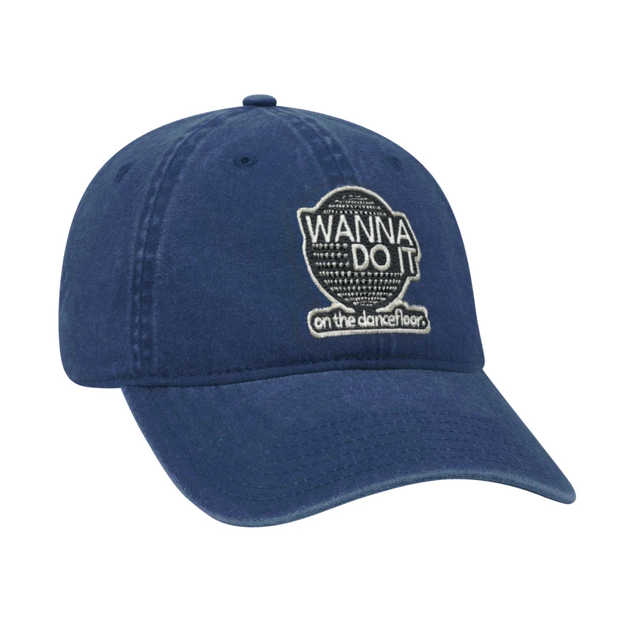 Celleste Navy Dad Hat with navy "Wanna Do It" logo patch. Side view.
