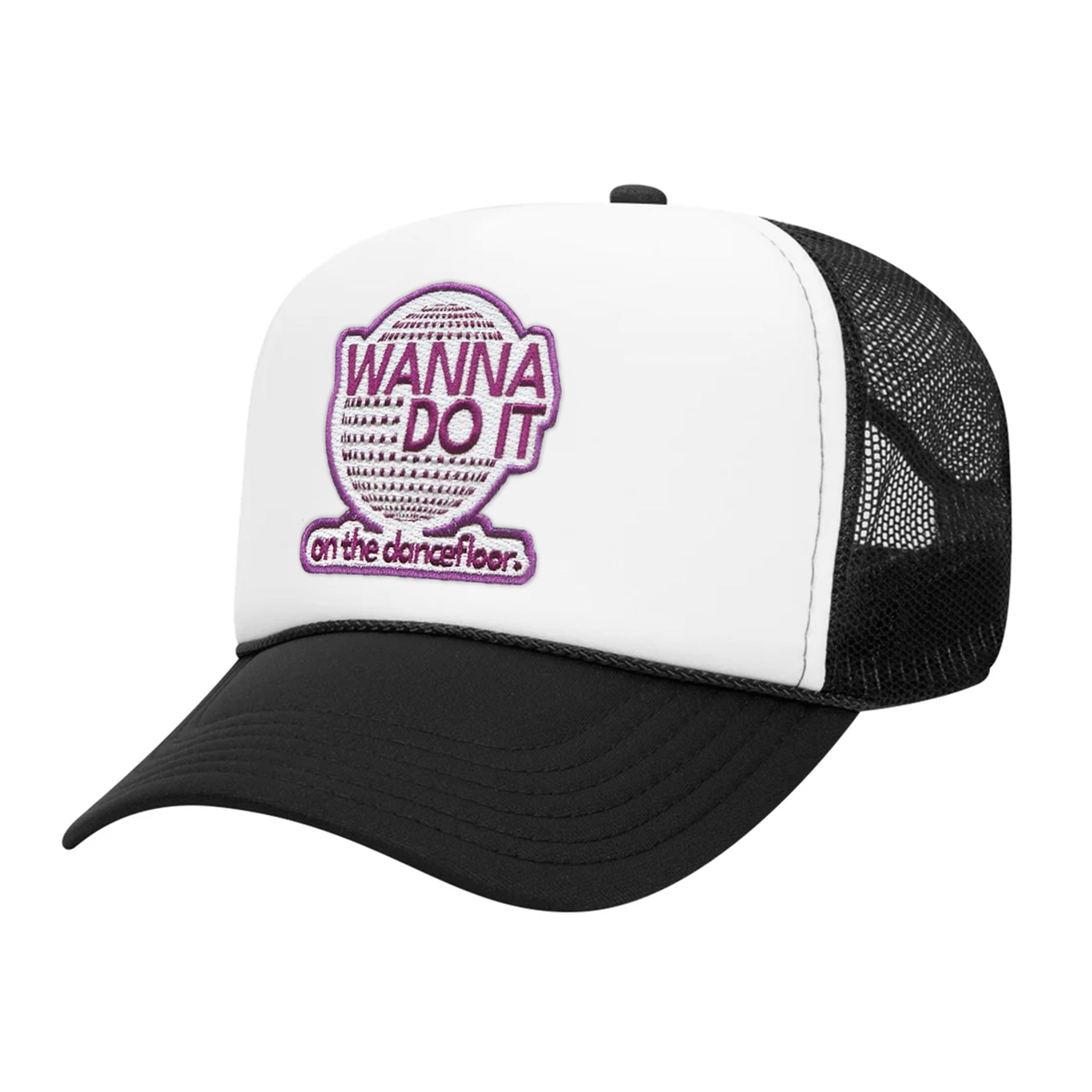 Celleste Wanna Do It Trucker hat with purple embroidered logo patch. White hat, black beak, side view.