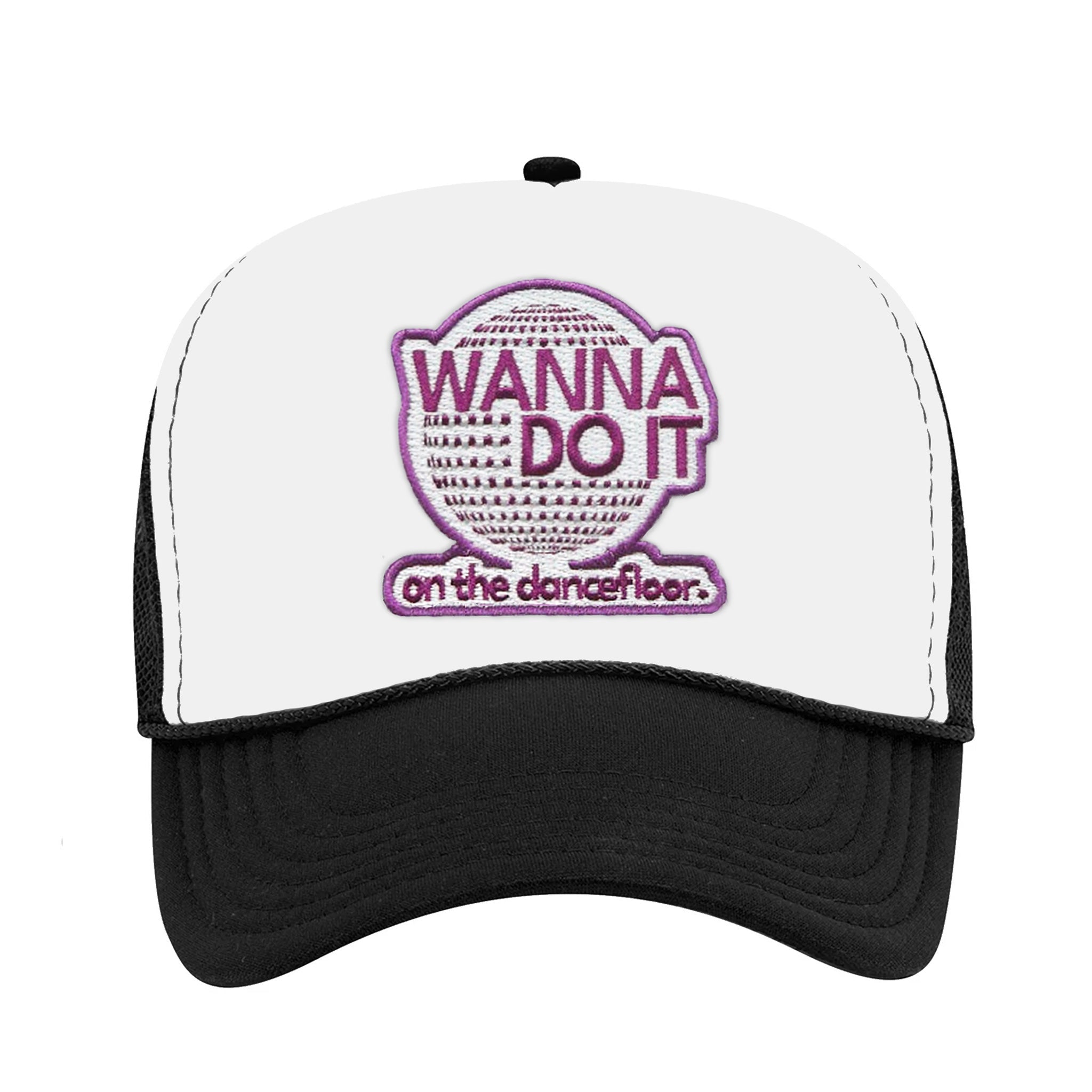 Celleste Wanna Do It Trucker hat with purple embroidered patch. White hat, black beak, front view.